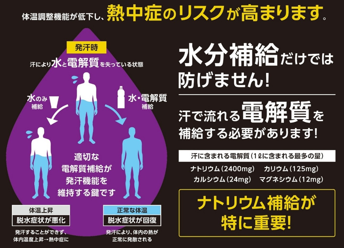 体温調整機能が低下し、熱中症のリスクが高まります