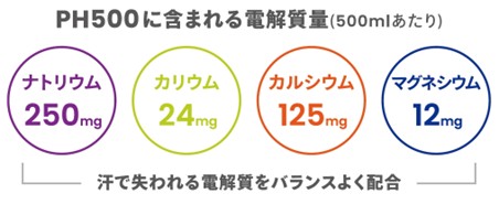 PH500は汗で失われる電解質（ナトリウム・カリウム・カルシウム・マグネシウム）がバランスよく配合されています