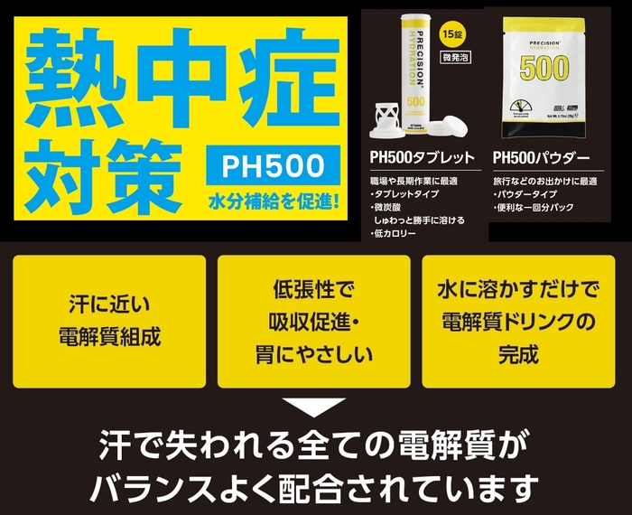熱中症対策 PH500が水分補給を促進!?汗に近い電解質組成。低張性で吸収促進・胃にやさしく水に溶かすだけで電解質ドリンクの完成!汗で失われる全ての電解質がバランスよく配合されています