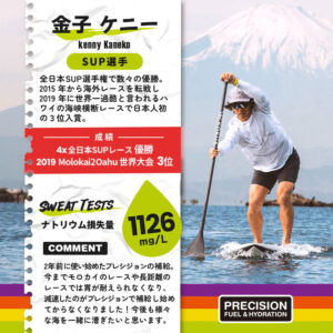 金子ケニー選手 全日本SUP選手権で数々の優勝。2015 年から海外レースを転戦し 2019 年に世界一過酷と言われるハワイの海峡横断レースで日本人初の３位入賞。