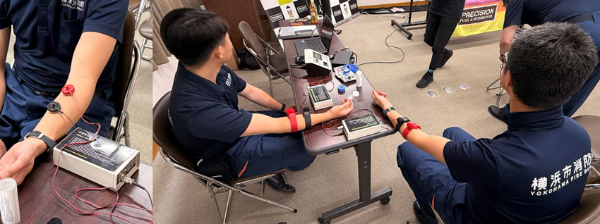 汗に含まれる塩分（ナトリウム）濃度を測定できる発汗テスト（スウェットテスト）を横浜市消防局青葉消防署員2名に実施してもらいました！